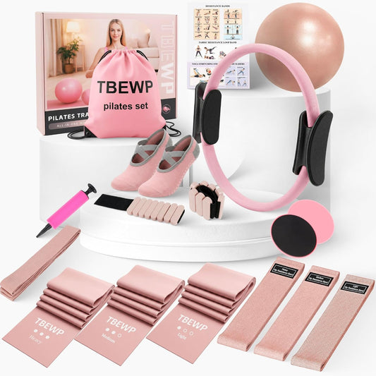 Home Pilates Kit for Women and Beginners, Pilates Ring and Ball Set with Resistance Bands, Wrist and Ankle Weights, Stretch Strap and Core Sliders and More for Full Body Toning
