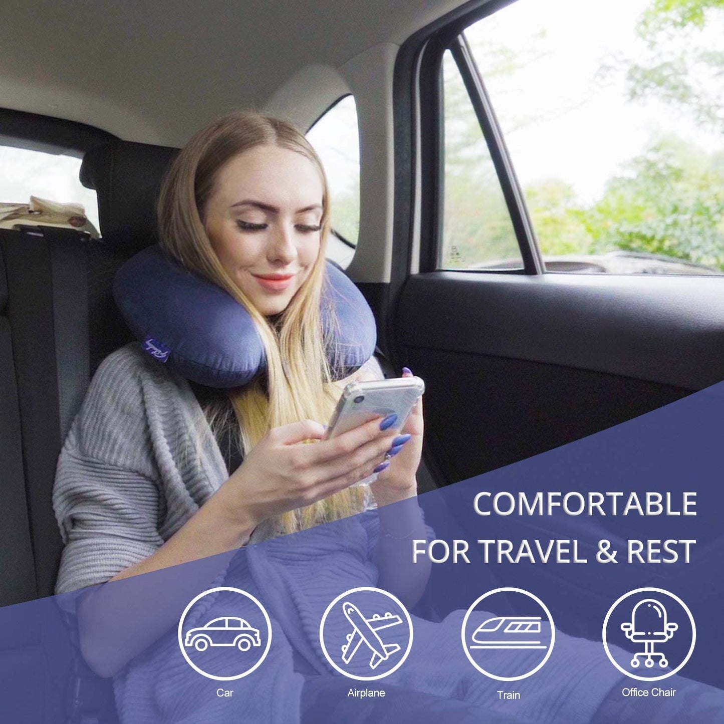 Travel Neck Pillow Memory Foam for Airplane Traveling Gray Blue