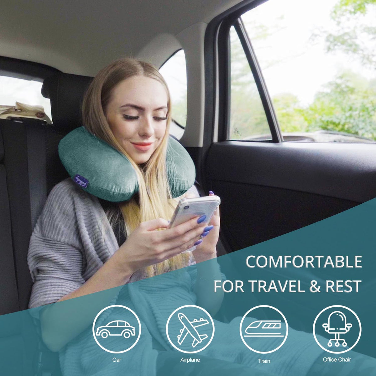 Travel Neck Pillow Memory Foam for Airplane Traveling Gray Blue