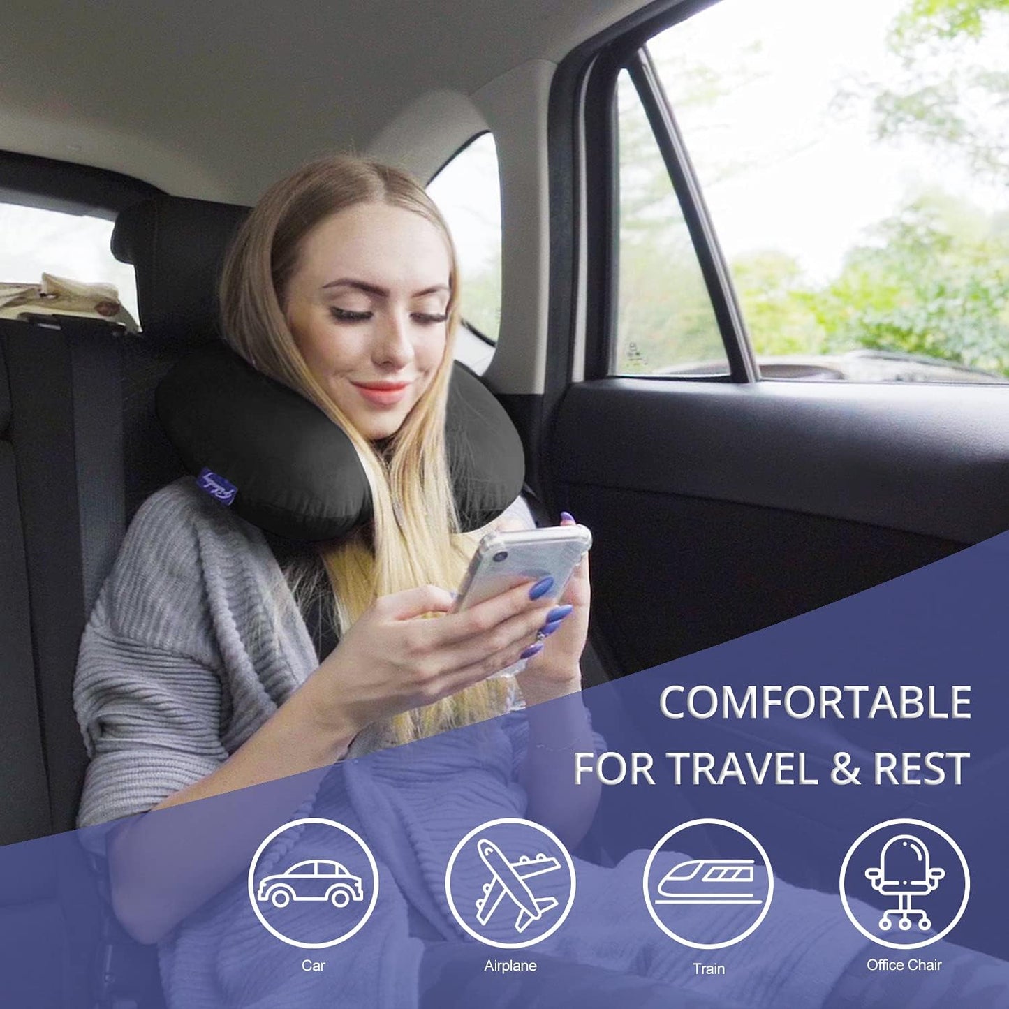 Travel Neck Pillow Memory Foam for Airplane Traveling Gray Blue