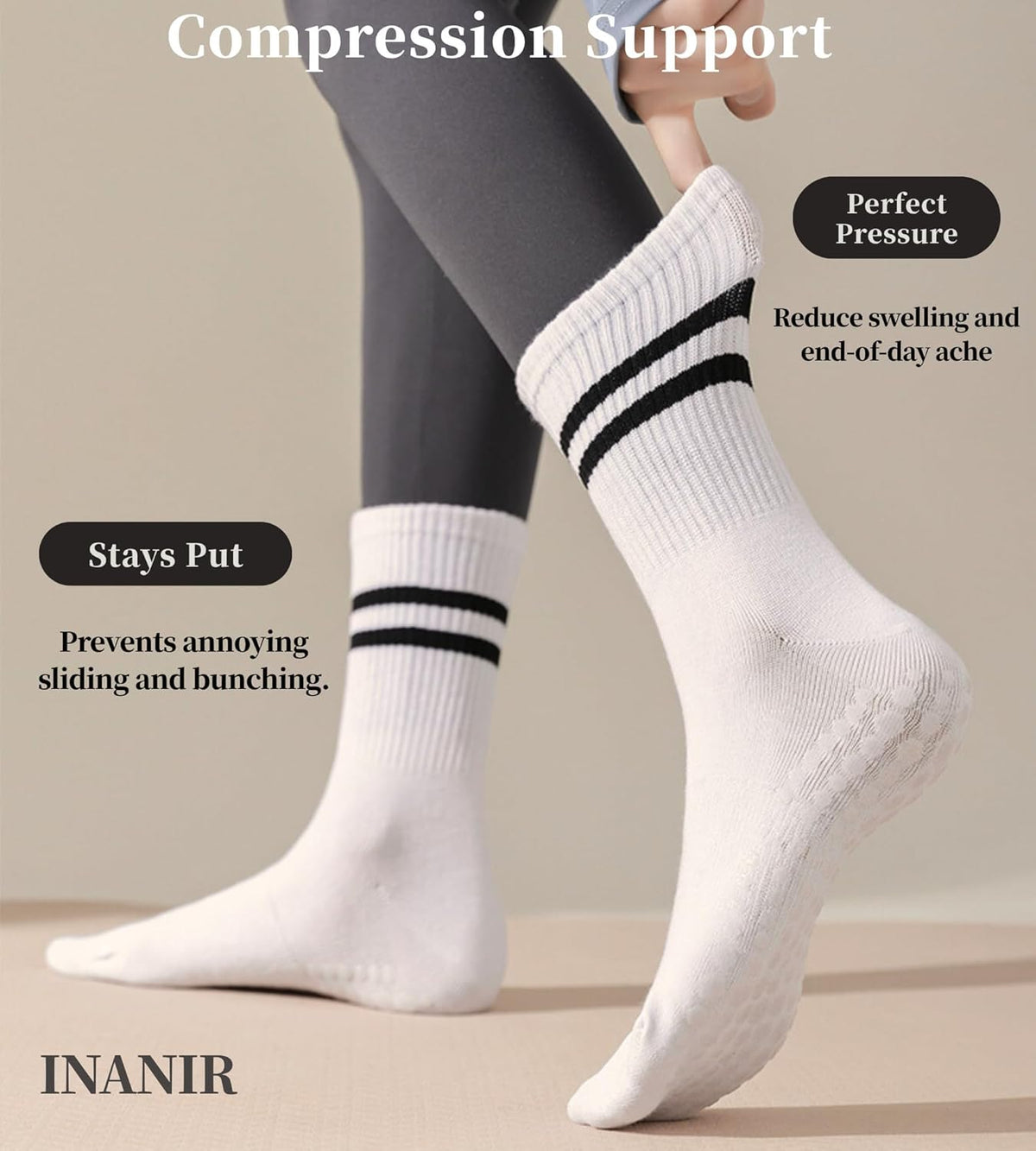 Pilates Socks With Grips for Women:Cute Non Slip Crew Gripper Yoga Sock-Grippy Sticky for Hospital/Dance Barre/Workout