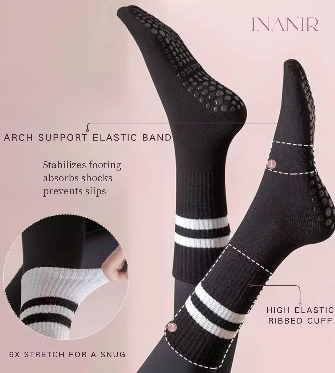 Pilates Socks With Grips for Women:Cute Non Slip Crew Gripper Yoga Sock-Grippy Sticky for Hospital/Dance Barre/Workout