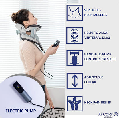 Neck Traction Device by Air Collar - Neck Stretcher - Cervical Traction Device - Neck & Shoulder Pain Relief - Stretcher Collar for Improved Spine Alignment (2nd Gen Electric Pump) - See Size Chart*