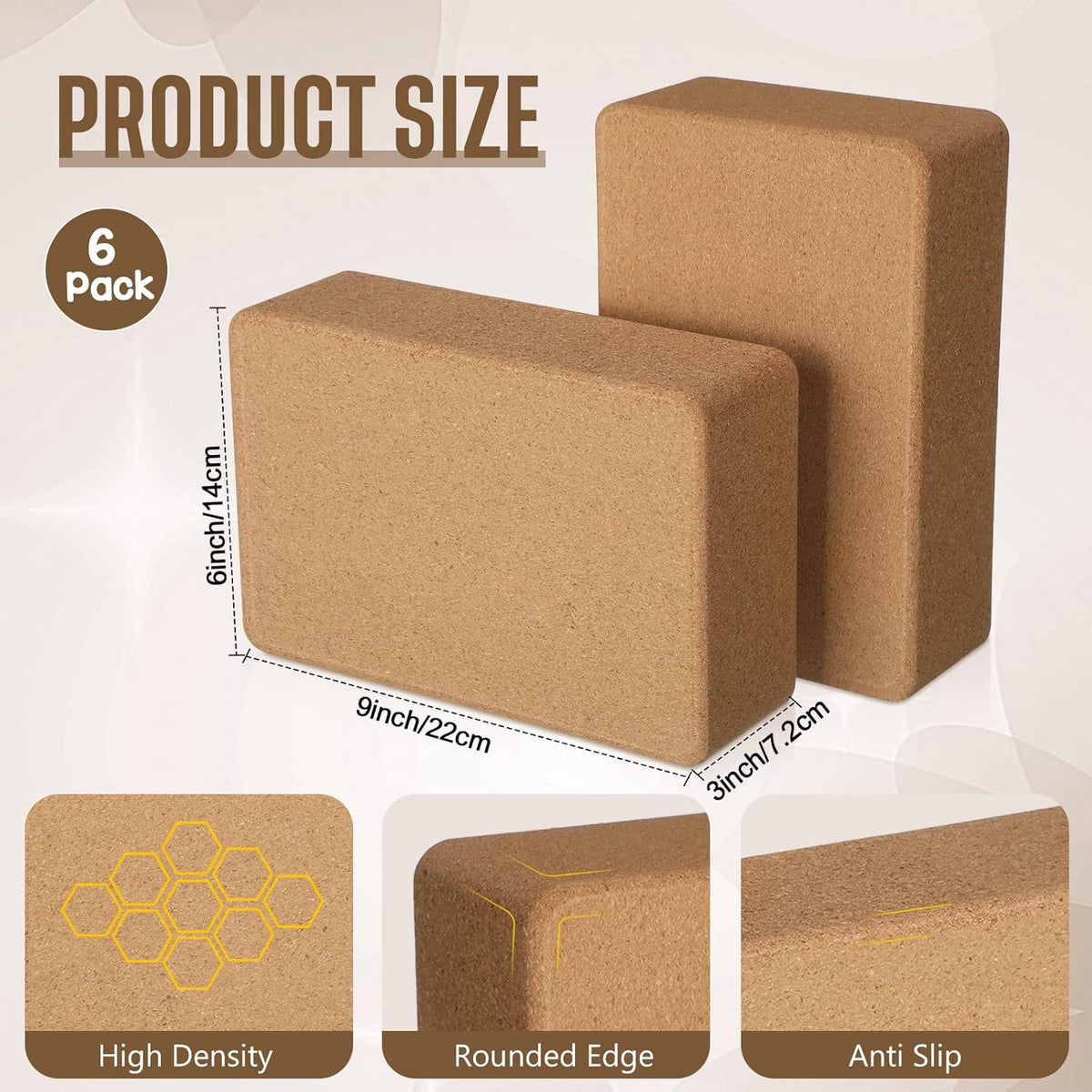 6 Pack Cork Yoga Blocks, 9 x 6 x 3 Inches Non-slip & Anti-tilt Yoga Blocks for Supportive Stretching, Lightweight Gymnastic Cube Bricks for Exercise Pilates Workout Fitness Meditation Stability