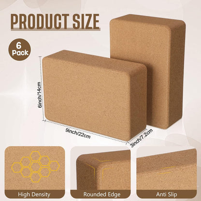 6 Pack Cork Yoga Blocks, 9 x 6 x 3 Inches Non-slip & Anti-tilt Yoga Blocks for Supportive Stretching, Lightweight Gymnastic Cube Bricks for Exercise Pilates Workout Fitness Meditation Stability