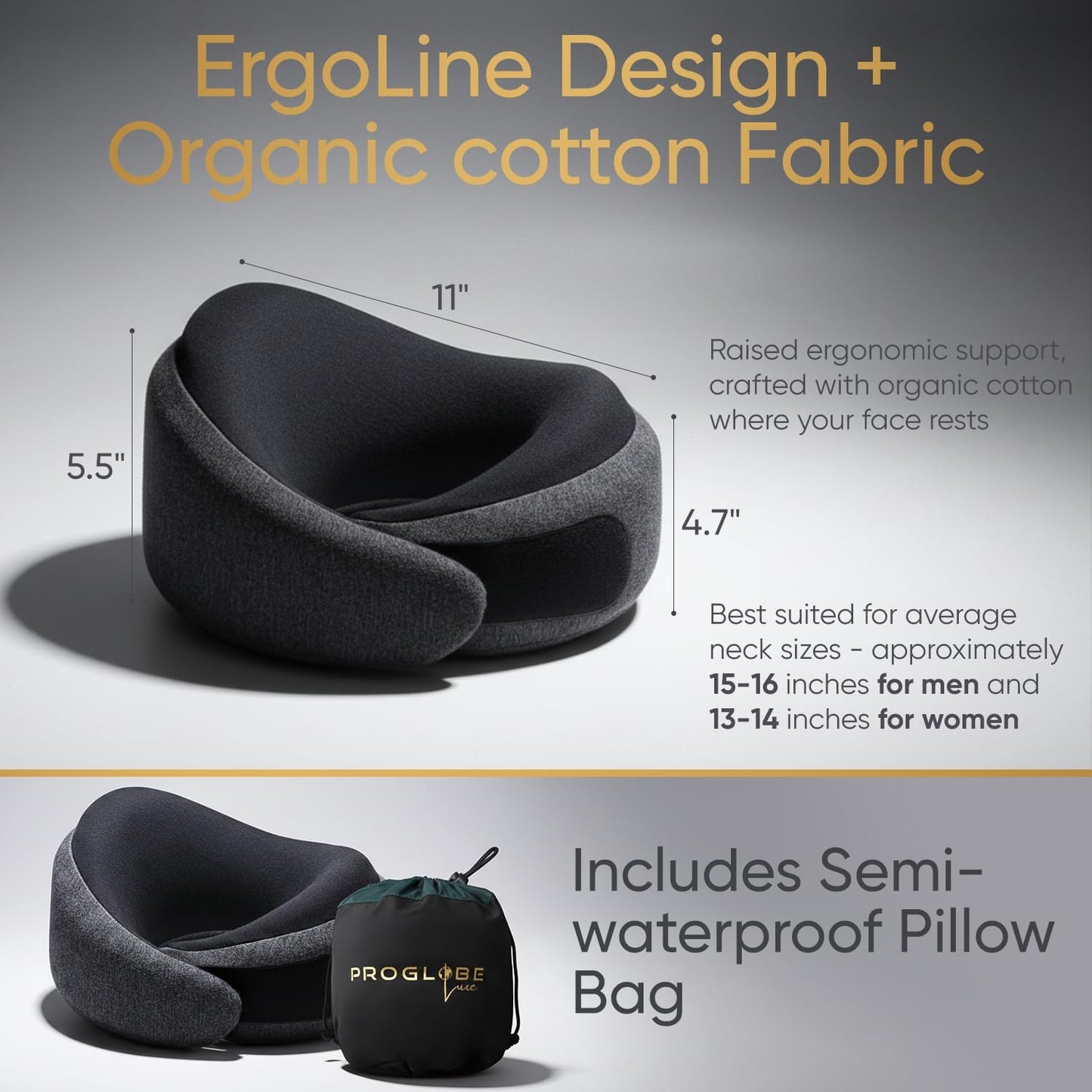 Travel Neck Pillow for Airplanes, Long Haul Flight Kit, Grey