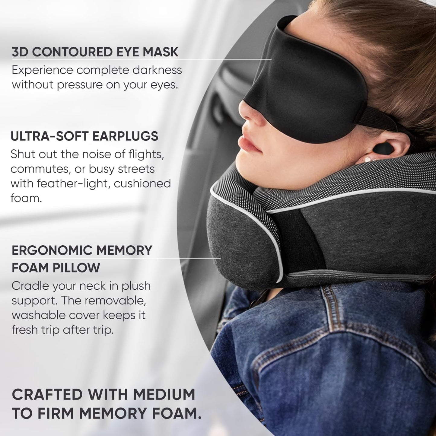 Travel Neck Pillow for Airplanes, Long Haul Flight Kit, Grey