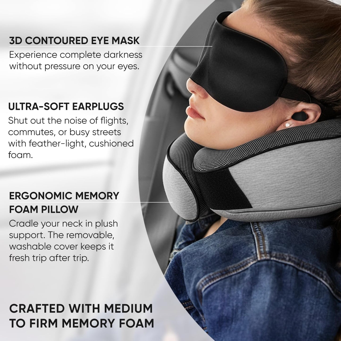 Travel Neck Pillow for Airplanes, Long Haul Flight Kit, Grey