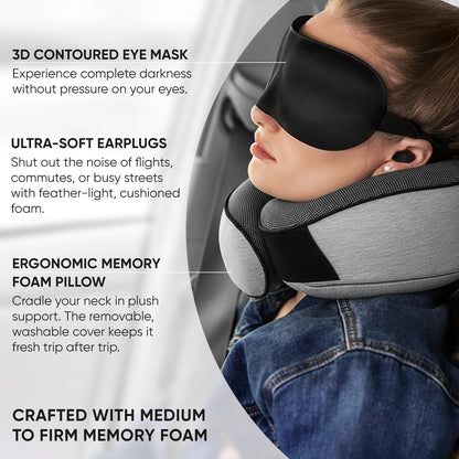 Travel Neck Pillow for Airplanes, Long Haul Flight Kit, Grey