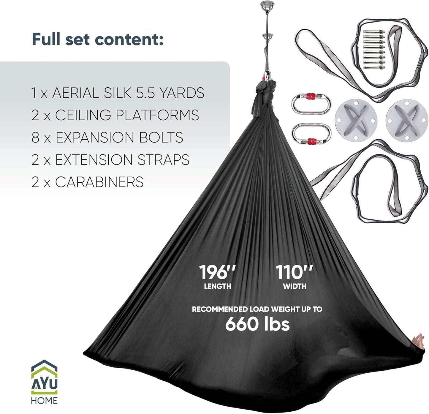 Aerial Silks Kit for Home - Premium Yoga Swing for Adults with 660 lbs Capacity - Versatile Aerial Yoga Hammock for Gymnastics Training