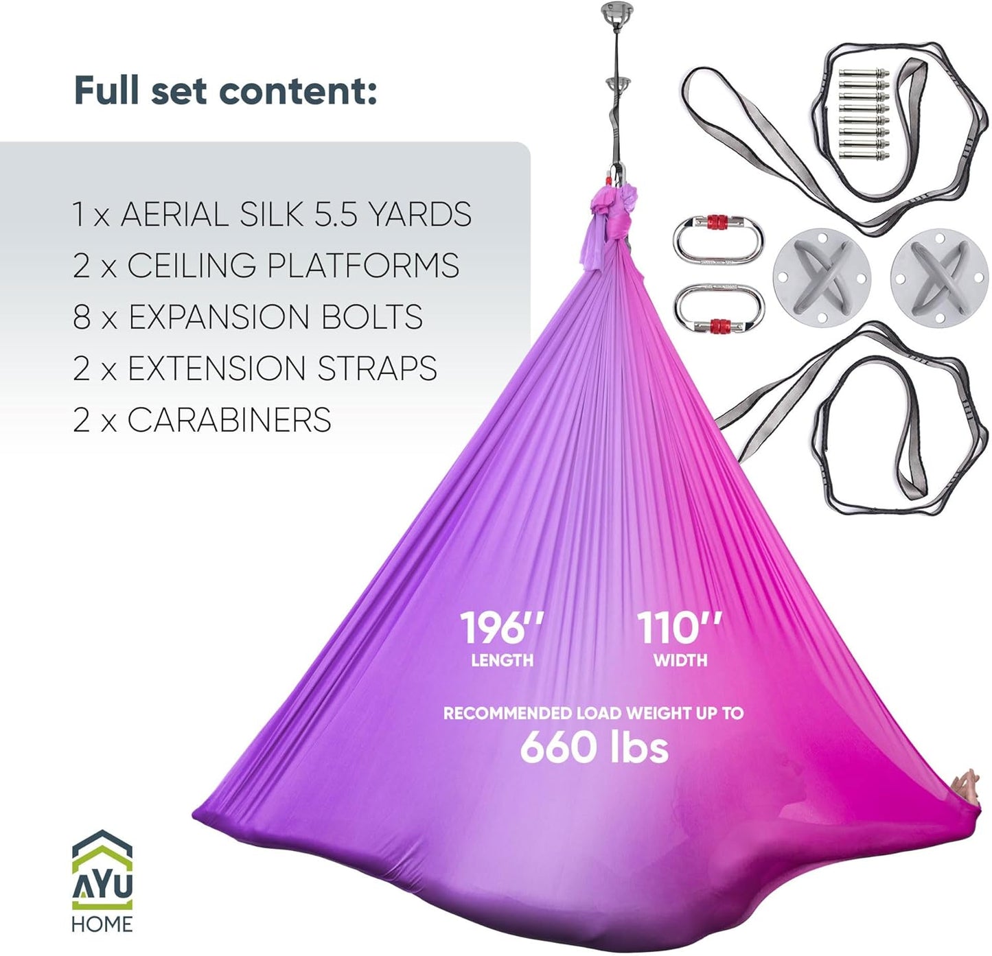 Aerial Silks Kit for Home - Premium Yoga Swing for Adults with 660 lbs Capacity - Versatile Aerial Yoga Hammock for Gymnastics Training