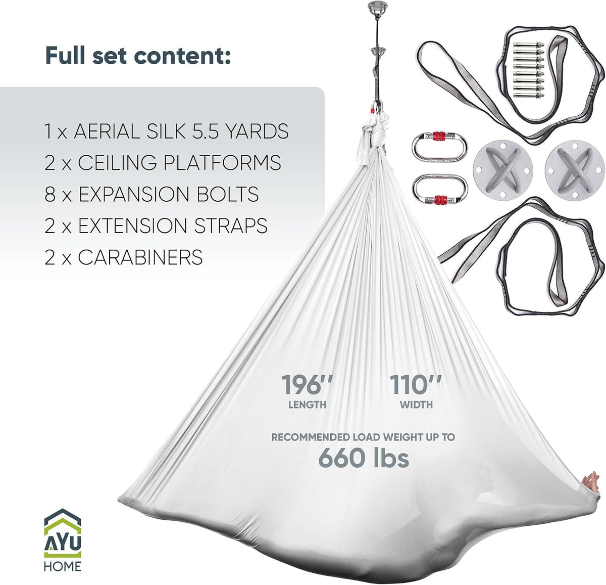 Aerial Silks Kit for Home - Premium Yoga Swing for Adults with 660 lbs Capacity - Versatile Aerial Yoga Hammock for Gymnastics Training