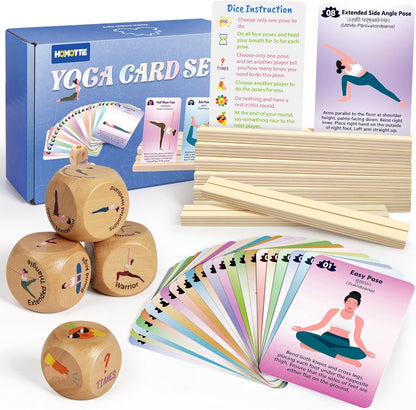 Homotte Yoga Cards and Wooden Yoga Dice Set for Beginners and Kids | Yoga Accessories Pose Kit w/4 Dice, 8 Card Holder, Gift for Women, Home Indoor Use, Thousands of Possible Combinations