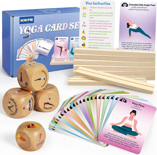 Homotte Yoga Cards and Wooden Yoga Dice Set for Beginners and Kids | Yoga Accessories Pose Kit w/4 Dice, 8 Card Holder, Gift for Women, Home Indoor Use, Thousands of Possible Combinations