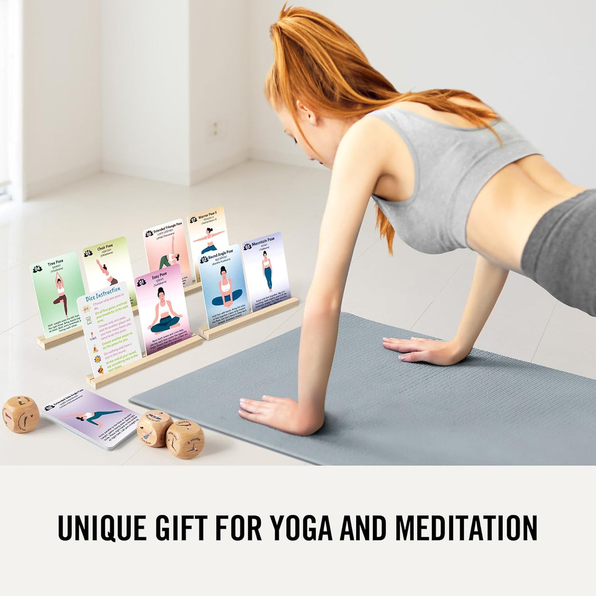 Homotte Yoga Cards and Wooden Yoga Dice Set for Beginners and Kids | Yoga Accessories Pose Kit w/4 Dice, 8 Card Holder, Gift for Women, Home Indoor Use, Thousands of Possible Combinations