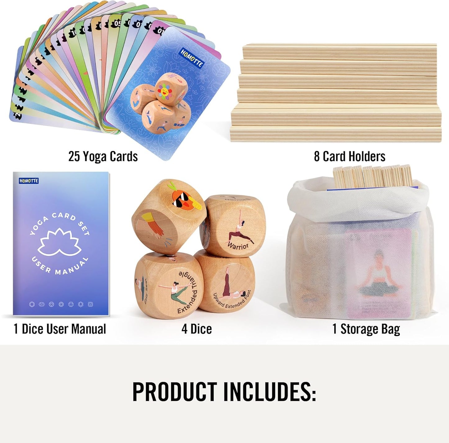 Homotte Yoga Cards and Wooden Yoga Dice Set for Beginners and Kids | Yoga Accessories Pose Kit w/4 Dice, 8 Card Holder, Gift for Women, Home Indoor Use, Thousands of Possible Combinations