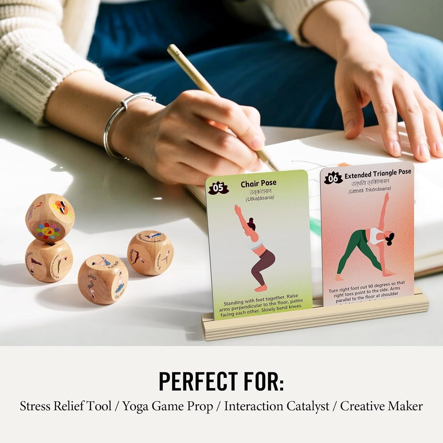 Homotte Yoga Cards and Wooden Yoga Dice Set for Beginners and Kids | Yoga Accessories Pose Kit w/4 Dice, 8 Card Holder, Gift for Women, Home Indoor Use, Thousands of Possible Combinations