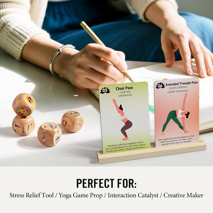 Homotte Yoga Cards and Wooden Yoga Dice Set for Beginners and Kids | Yoga Accessories Pose Kit w/4 Dice, 8 Card Holder, Gift for Women, Home Indoor Use, Thousands of Possible Combinations