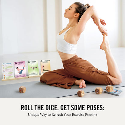 Homotte Yoga Cards and Wooden Yoga Dice Set for Beginners and Kids | Yoga Accessories Pose Kit w/4 Dice, 8 Card Holder, Gift for Women, Home Indoor Use, Thousands of Possible Combinations