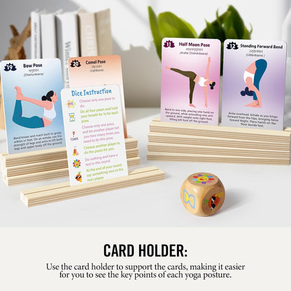 Homotte Yoga Cards and Wooden Yoga Dice Set for Beginners and Kids | Yoga Accessories Pose Kit w/4 Dice, 8 Card Holder, Gift for Women, Home Indoor Use, Thousands of Possible Combinations