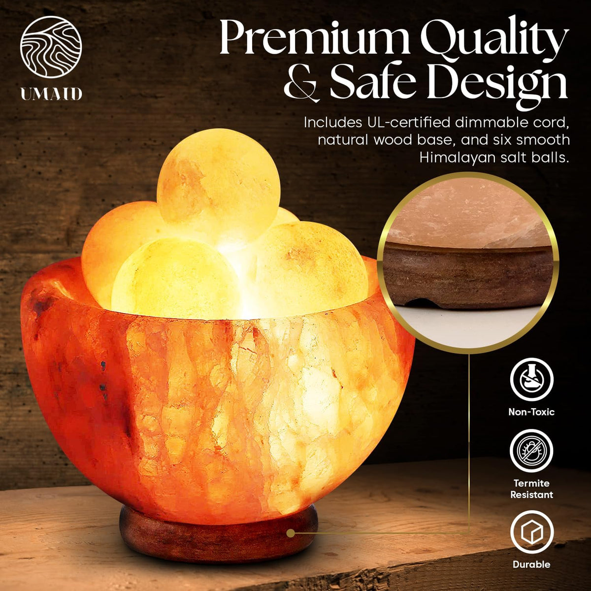 Himalayan Salt Lamp Bowl with 6 Himalayan Salt Massage Stones, Dimmable Pink Rock Salt Lamp for Bedroom, Office Desk & Meditation Room, Spa Decor, Relaxation Home Decor Gifts for Men & Women