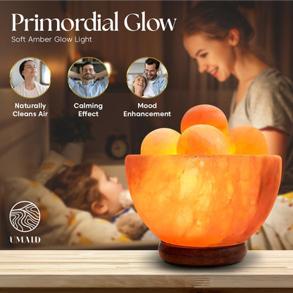 Himalayan Salt Lamp Bowl with 6 Himalayan Salt Massage Stones, Dimmable Pink Rock Salt Lamp for Bedroom, Office Desk & Meditation Room, Spa Decor, Relaxation Home Decor Gifts for Men & Women