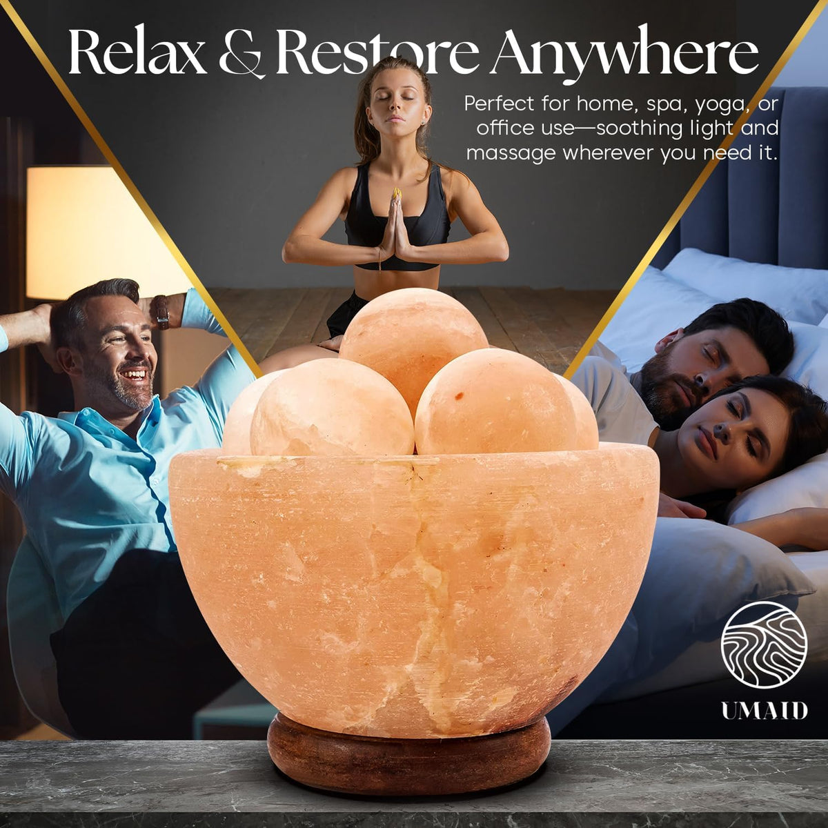 Himalayan Salt Lamp Bowl with 6 Himalayan Salt Massage Stones, Dimmable Pink Rock Salt Lamp for Bedroom, Office Desk & Meditation Room, Spa Decor, Relaxation Home Decor Gifts for Men & Women