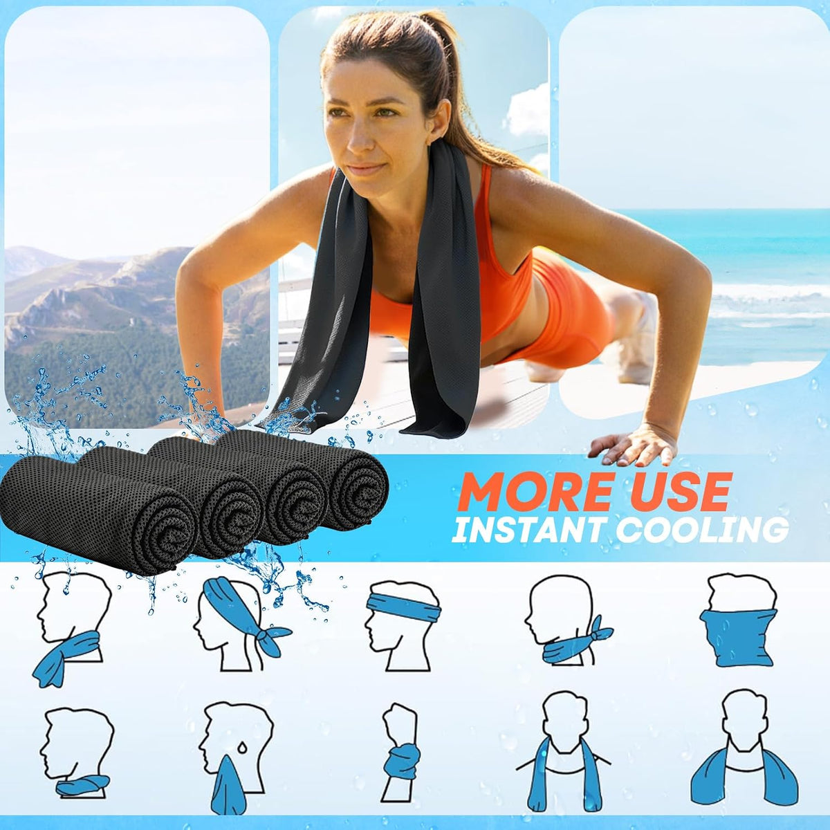 4 Pack Cooling Towels (40"x 12"), Soft Breathable Gym Towels, Outdoors Ice Towel for Neck and Face, Camp Essentials Microfiber Sweat Towels for Gym, Run, Yoga, Workout, Travel, Climb
