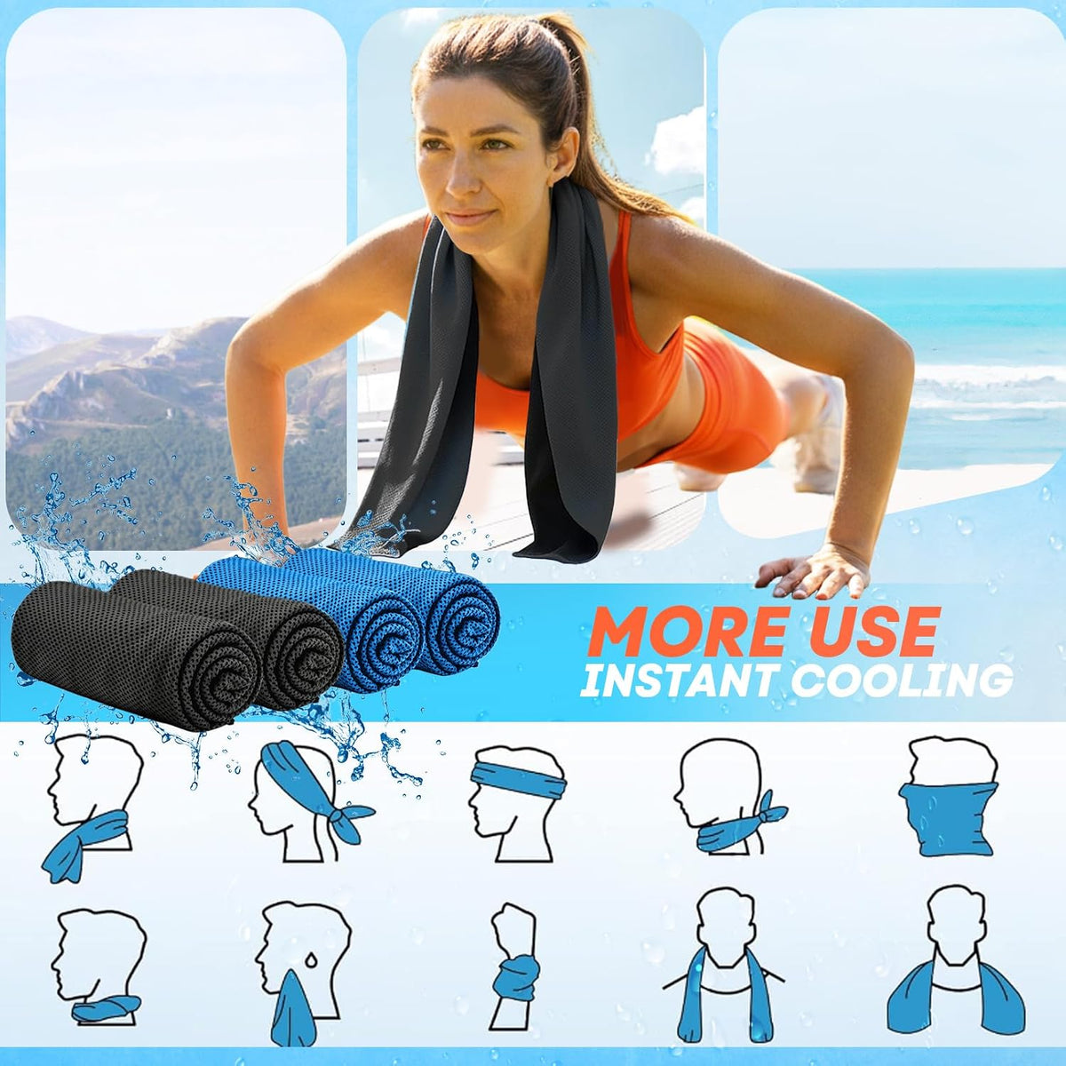 4 Pack Cooling Towels (40"x 12"), Soft Breathable Gym Towels, Outdoors Ice Towel for Neck and Face, Camp Essentials Microfiber Sweat Towels for Gym, Run, Yoga, Workout, Travel, Climb