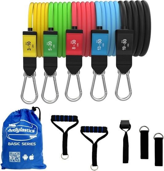 Patented Basic Series Resistance Band Set - Resistance Bands with Snap Reduction Tech, 2 Handles, 2 Ankle Straps, 1 Door Anchor & 1 Carry Bag