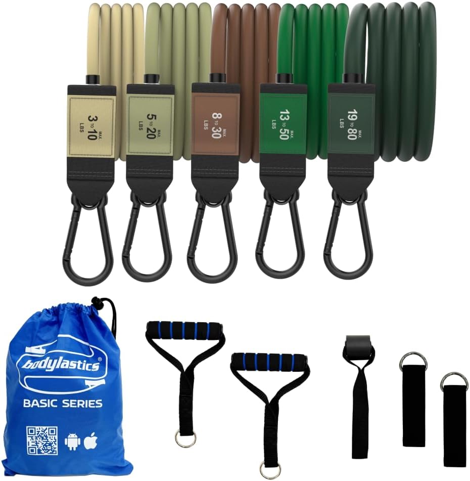 Patented Basic Series Resistance Band Set - Resistance Bands with Snap Reduction Tech, 2 Handles, 2 Ankle Straps, 1 Door Anchor & 1 Carry Bag