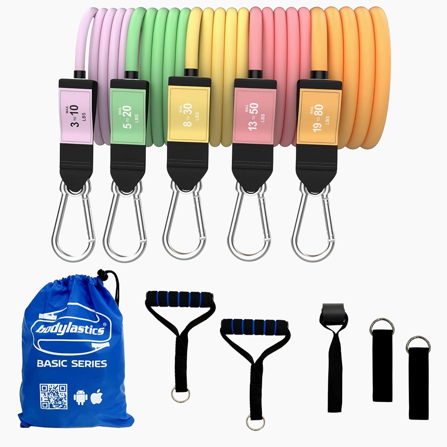 Patented Basic Series Resistance Band Set - Resistance Bands with Snap Reduction Tech, 2 Handles, 2 Ankle Straps, 1 Door Anchor & 1 Carry Bag