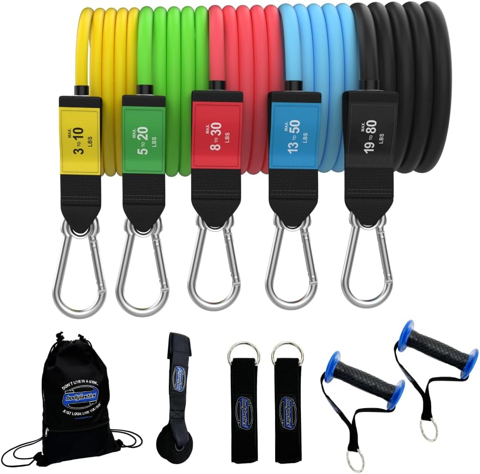 Patented Basic Series Resistance Band Set - Resistance Bands with Snap Reduction Tech, 2 Handles, 2 Ankle Straps, 1 Door Anchor & 1 Carry Bag