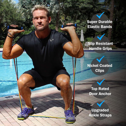 Patented Basic Series Resistance Band Set - Resistance Bands with Snap Reduction Tech, 2 Handles, 2 Ankle Straps, 1 Door Anchor & 1 Carry Bag