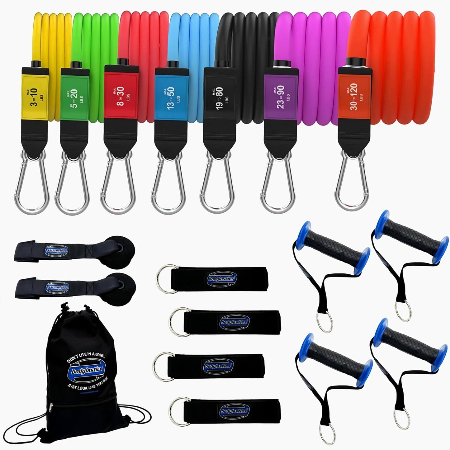 Patented Basic Series Resistance Band Set - Resistance Bands with Snap Reduction Tech, 2 Handles, 2 Ankle Straps, 1 Door Anchor & 1 Carry Bag