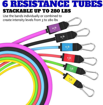 Patented Basic Series Resistance Band Set - Resistance Bands with Snap Reduction Tech, 2 Handles, 2 Ankle Straps, 1 Door Anchor & 1 Carry Bag