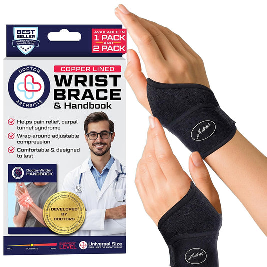 Doctor Developed Wrist Brace, Wrist Wraps for Carpal Tunnel Arthritis, Tendonitis, Hand Support, Ideal for Fitness, Weightlifting - Handbook Included (Wrist Brace 1 Pack)