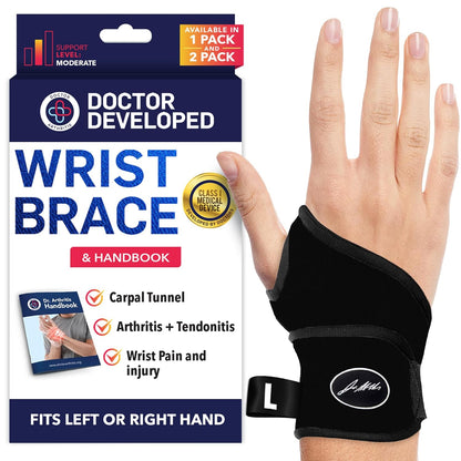 Doctor Developed Wrist Brace, Wrist Wraps for Carpal Tunnel Arthritis, Tendonitis, Hand Support, Ideal for Fitness, Weightlifting - Handbook Included (Wrist Brace 1 Pack)
