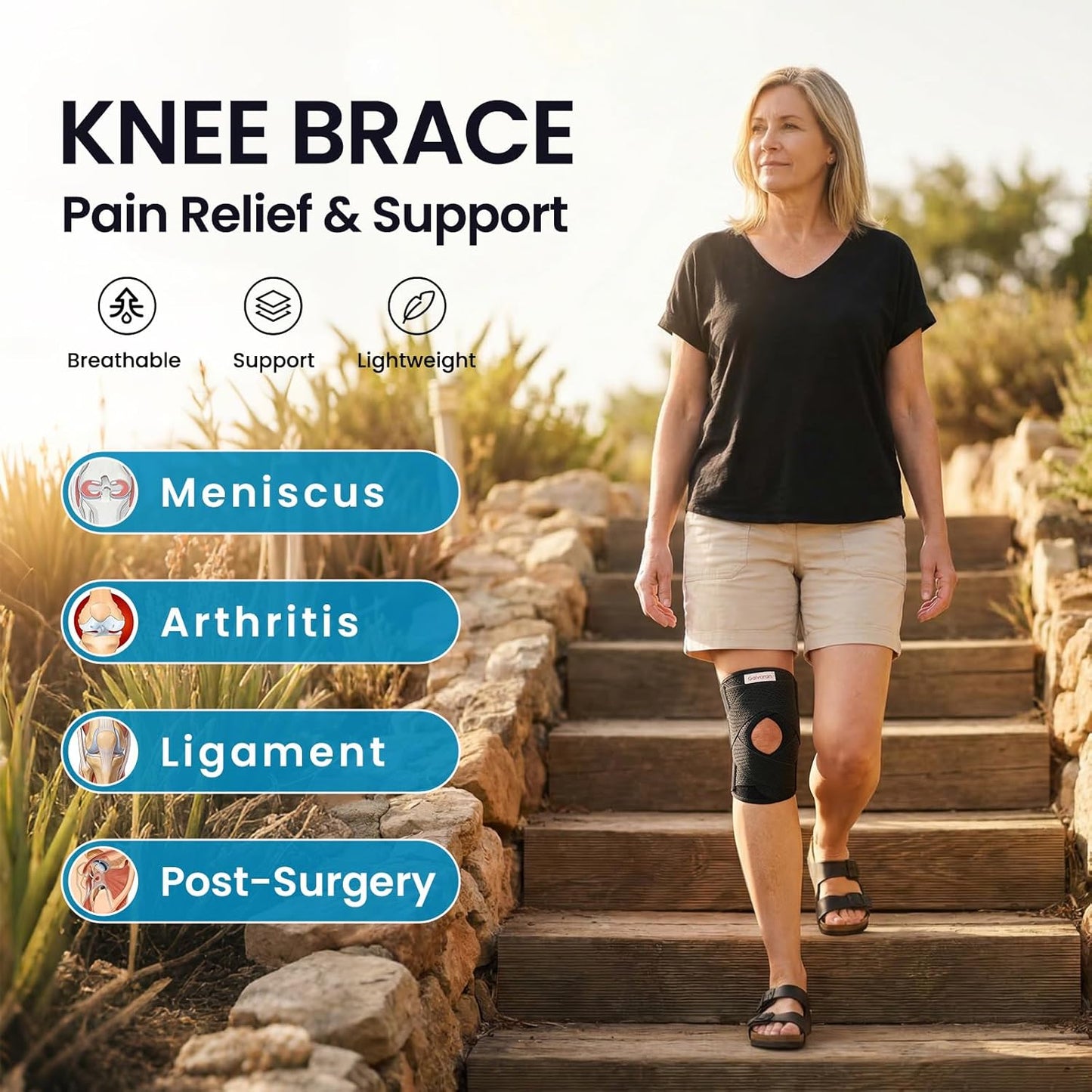 Knee Brace with Side Stabilizers for Meniscal Tear Knee Pain ACL MCL Arthritis Injuries Recovery, Breathable Adjustable Knee Support for Men and Women