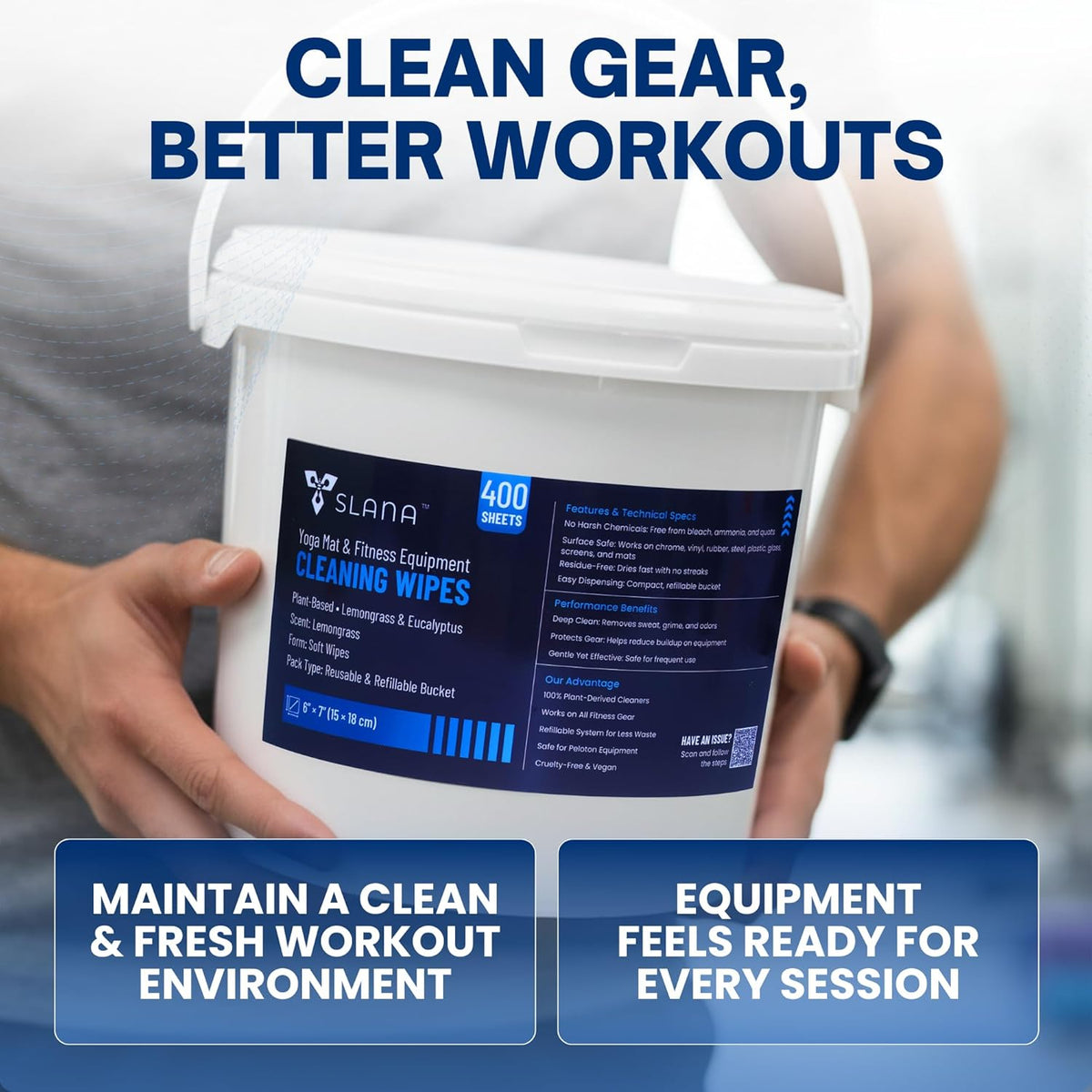 Gym Wipes for Equipment (400 Count) – Large 6"x7" Fitness Equipment Cleaning Wipes & Yoga Mat Cleaner | Plant-Based, Non-Toxic | Safe for Peloton, Treadmill & Bikes | Lemongrass Scent, Residue-Free