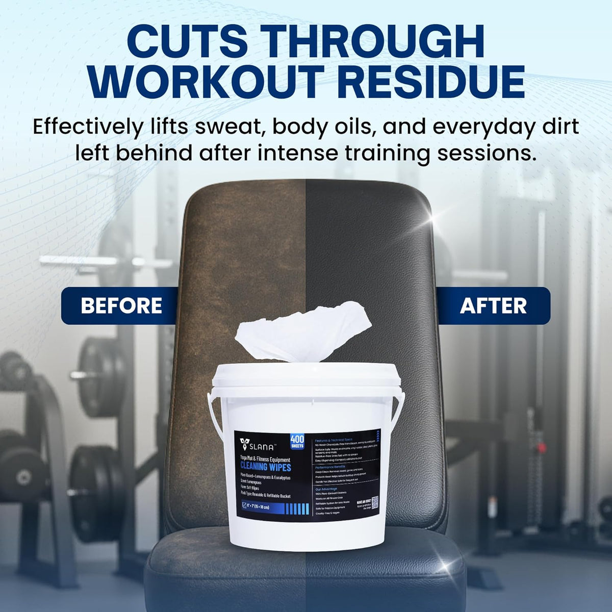 Gym Wipes for Equipment (400 Count) – Large 6"x7" Fitness Equipment Cleaning Wipes & Yoga Mat Cleaner | Plant-Based, Non-Toxic | Safe for Peloton, Treadmill & Bikes | Lemongrass Scent, Residue-Free