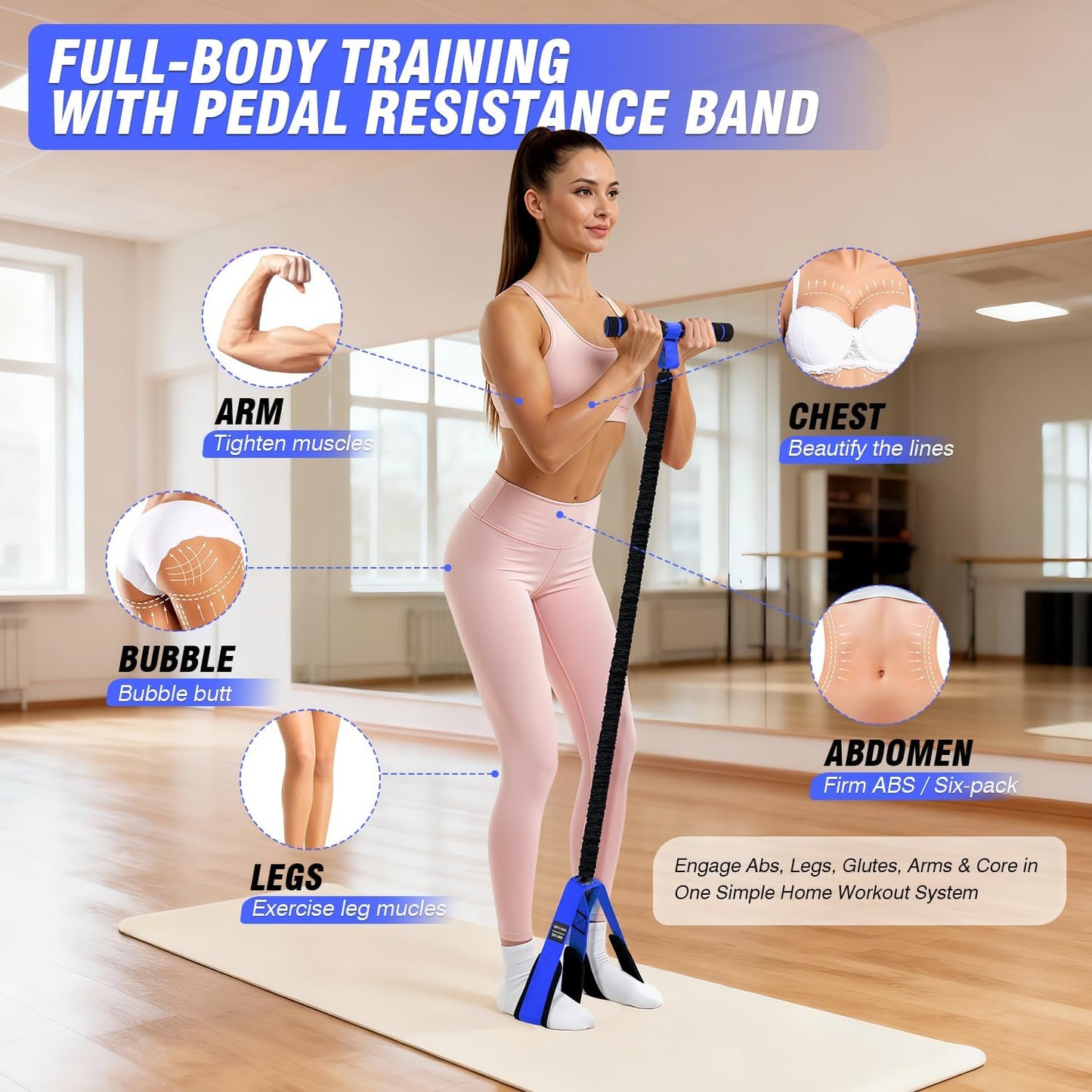 Pedal Resistance Bands with Handles, Upgrade Women Exercise Bands for Full Body Training, Core, ABS, Legs, Glutes, Arms, Pilates, Physical Therapy, Strength, Sit Up Equipment for Home Workout