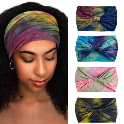 Wide Headbands Stretch Turban Knotted Hairbands Elastic Yoga Workout Sweatband Running Sport Head Scarf Large African Head Wraps for Women 4 Pcs (Set A)