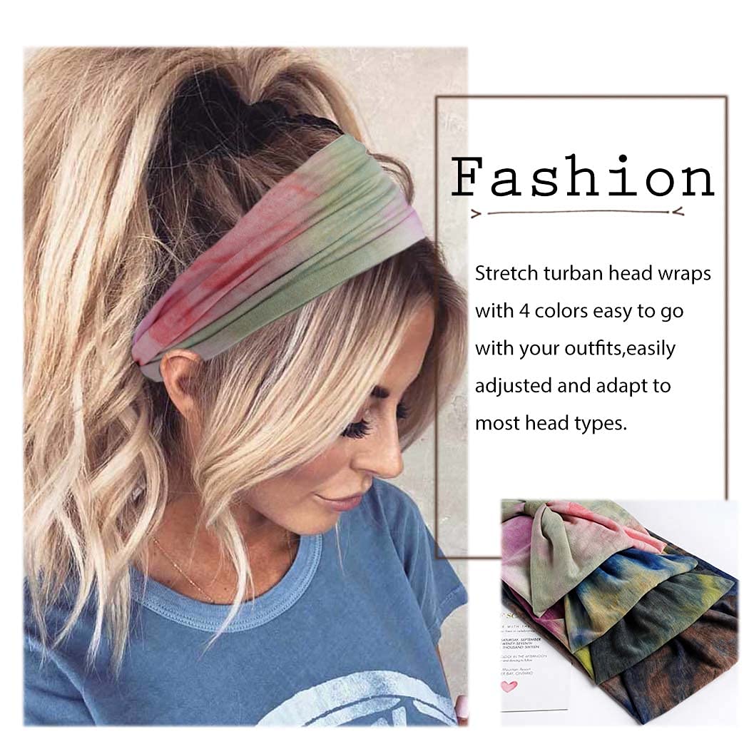 Wide Headbands Stretch Turban Knotted Hairbands Elastic Yoga Workout Sweatband Running Sport Head Scarf Large African Head Wraps for Women 4 Pcs (Set A)