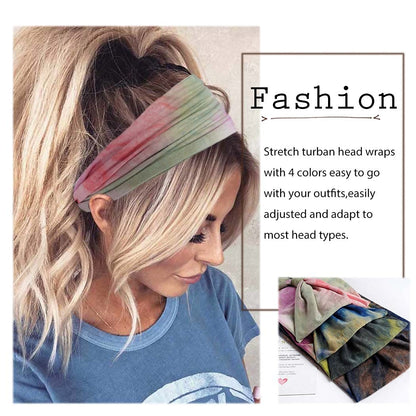 Wide Headbands Stretch Turban Knotted Hairbands Elastic Yoga Workout Sweatband Running Sport Head Scarf Large African Head Wraps for Women 4 Pcs (Set A)