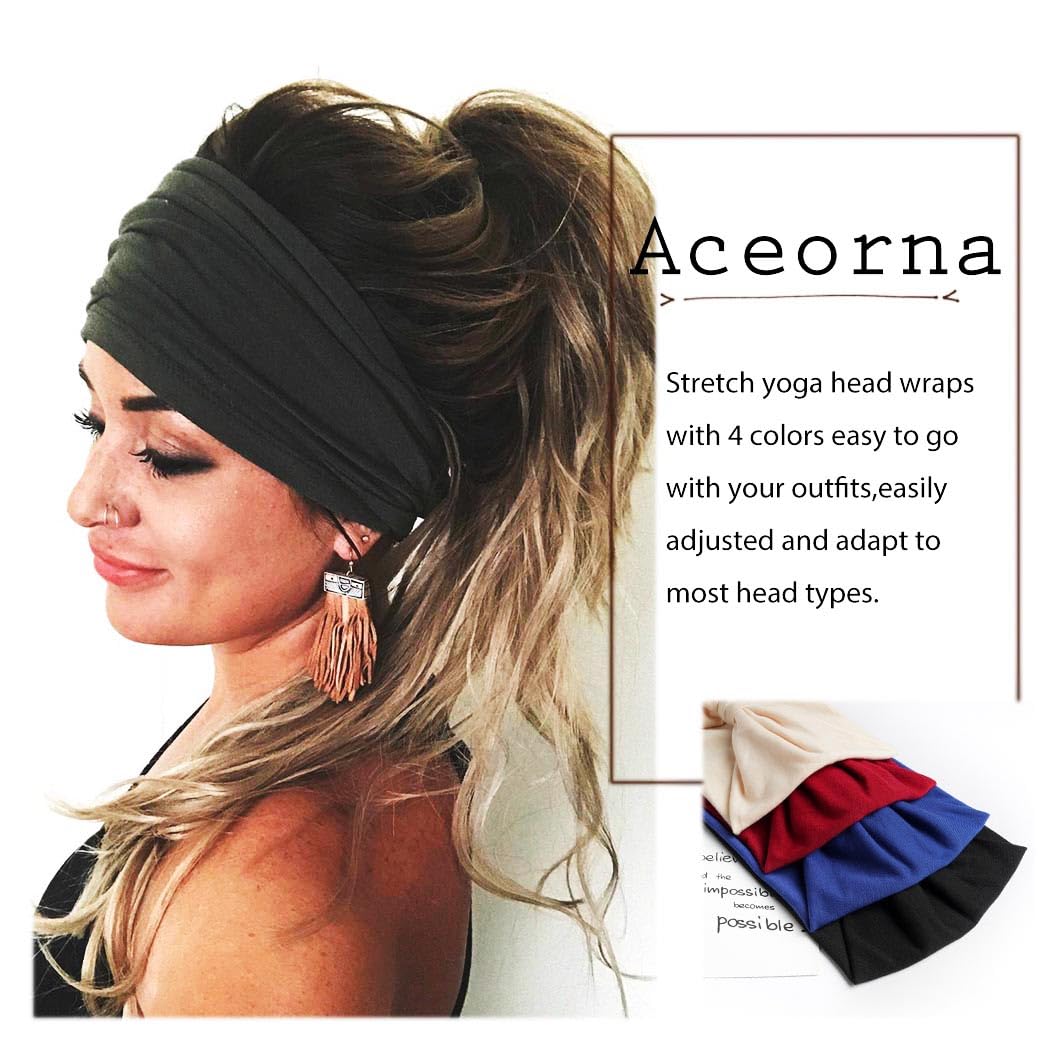 Wide Headbands Stretch Turban Knotted Hairbands Elastic Yoga Workout Sweatband Running Sport Head Scarf Large African Head Wraps for Women 4 Pcs (Set A)