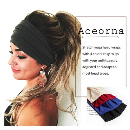 Wide Headbands Stretch Turban Knotted Hairbands Elastic Yoga Workout Sweatband Running Sport Head Scarf Large African Head Wraps for Women 4 Pcs (Set A)