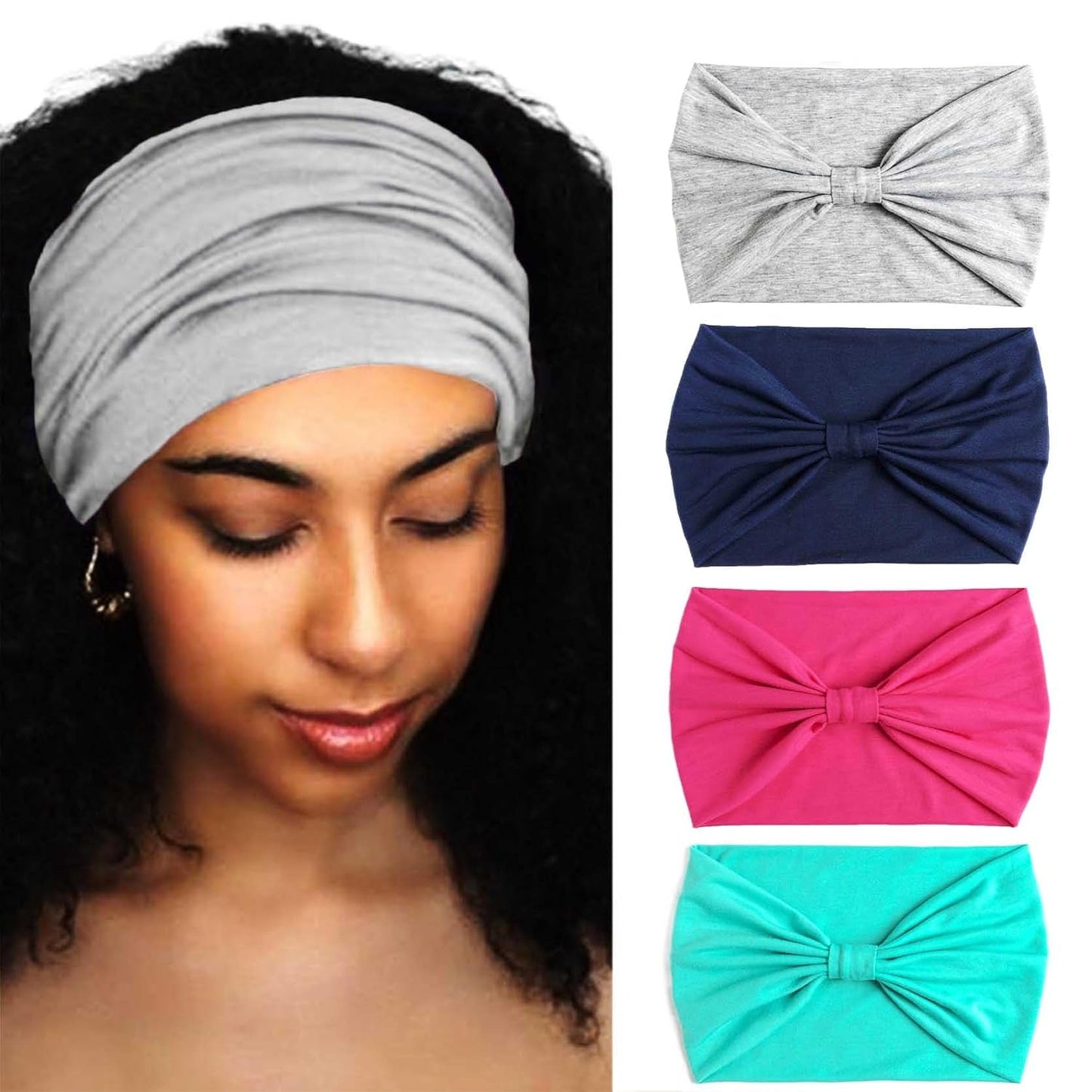 Wide Headbands Stretch Turban Knotted Hairbands Elastic Yoga Workout Sweatband Running Sport Head Scarf Large African Head Wraps for Women 4 Pcs (Set A)