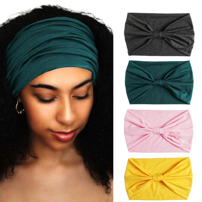 Wide Headbands Stretch Turban Knotted Hairbands Elastic Yoga Workout Sweatband Running Sport Head Scarf Large African Head Wraps for Women 4 Pcs (Set A)