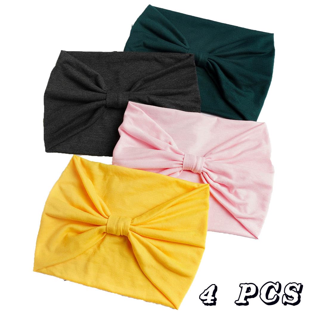 Wide Headbands Stretch Turban Knotted Hairbands Elastic Yoga Workout Sweatband Running Sport Head Scarf Large African Head Wraps for Women 4 Pcs (Set A)